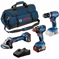 „Rinkinys įrankių Bosch Bosch“ profesionalus 18 V rinkinys: GSB 18V-45 + GDX 18V-200 + GWS 18V-7, įrankių rinkinys (mėlynas, 2 x ličio jonų akumuliatoriai 5,0 Ah, įrankių krepšys)