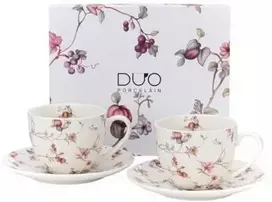 DUO Porcelianiniai puodeliai su lėkštutėmis 250ml 2vnt,šakelės su žiedais