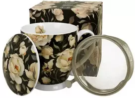 DUO Porcelianinis puodelis su sieteliu ir dangteliu 500ml, Rožės, juodas
