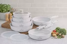 11 dalių keraminių puodų ir keptuvių rinkinys su nuimamomis rankenomis