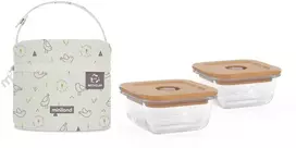 Miniland Eco Friendly Ekologiški kvadratiniai stikliniai indeliai 2 x 210 ml su izoliuotu maišeliu - Chick
