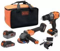 Black & Decker Rinkinys COMBO: wiertarko-wkrętarka smūginis 18 V + kampinis šlifuoklis 115 mm 18 V , 2 Ah i 4 Ah, Juodas & Decker [BCK24D1M1SB-QW] + bidon Dovana