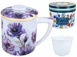 Carmani puodelis su sieteliu ir dangteliu 420ml "Violetinės gėlės"
