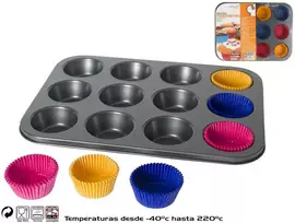 Kitchengo Nelipni plieninė keksiukų kepimo forma 12 keksiukų, Ø6 cm, su 60 popierinių formelių, 3 × 26 × 35 cm