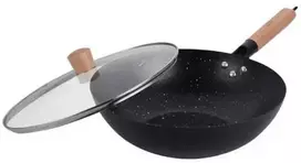 King Hoff Wok Keptuvė su dangčiu, 30 cm, anglinio plieno, marmurinė nelimpanti danga, medinė rankena, „Kinghoff“, kh-1984