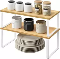 Songmics Prieskonių laikymo rinkinys, 2 vnt., išplečiamas, dėliojamas, 30x20x15 cm, baltas, smėlio spalvos, metalas ir faneruota mediena