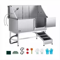 Nerūdijančio plieno šunų plovimo vonia 150 cm su rampa ir vandens filtru, reguliuojamos kojelės, dešinės pusės durys, profesionali įranga visų dydžių augintiniams