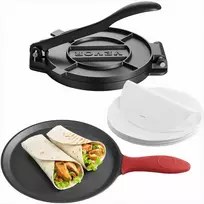 Tortilijų presas, 25 cm ketaus sunkiasvoris rankinis roti gaminimo įrankis su rankena ir 100 vnt. kepimo popieriaus, tešlos tako presas miltinėms tortilijoms, keptuvė papločiams