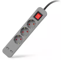 Ilgiklis Entac 3 lizdų +2USB 1.5m 16A su jungikliu, pilkas