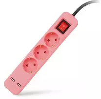 Ilgiklis Entac 3 lizdų +2USB 1.5m 16A su jungikliu, rožinis