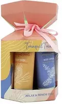 The Indulgent Bathing Co. Tranquil Treats Set kūno priežiūros rinkinys (kūno prausiklis, 50 ml + kūno losjonas, 50 ml + kempinė)