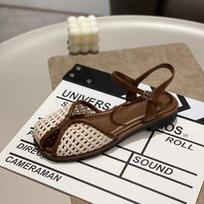 2025 New Retro Women Mesh Flats Sandals Designer Open Toe Shoes Summer Trend Walking Soft Shoes Shallow Buckle Shoes 35 smėlis