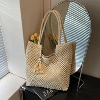 Yogodlns Lazy Tote Bag New Casual Beach Sand Shoulder Bag Large Capacity Vacation Woven Hollow out Straw Grass Leisure Handbags 40x8x36cm smėlis