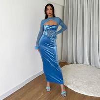 Tinklinė ilgomis rankovėmis plunksnuota elegantiška vakarinė suknelė su iškirpimais, korsetu, velvetu, midi, moteriška, žiemos vakarėlio drabužiai S mėlyna