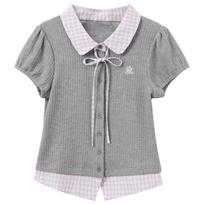 Faux Two-Piece Plaid Puff Sleeve Top M viržių pilka spalva