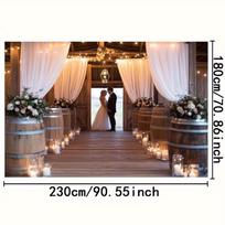 2D Rustic Farmhouse Wedding Aisle Backdrop, Wooden Barrel & Floral Decor Party Background 47.2x31.5inch/120*80cm