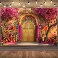 2D Traditional Mughal Golden Door Backdrop, 2D Flat Printing Banner for Indian Festival & Photoshoot 47.2x31.5inch/120*80cm