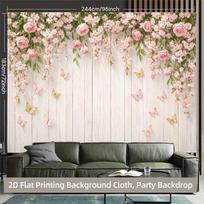2D Elegant Pink Floral & Butterfly Backdrop, White Wood Wall Photography Background for Romantic Events 47.2x31.5inch/120*80cm