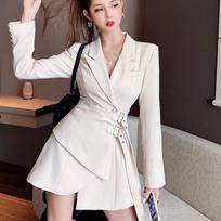 VANGULL Brand Women Blazer Dress Ladies Mini Party Fashion Elegant Dress Korean Belt Long Sleeve Fake Two-piece Lace-up Suit Dress S balta