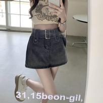 Black-Gray High-Waisted Hong Kong Style Women's Denim Midi Skort - Plus Size, Slimming, Hip-Hugging, Summer Short Skirt XL pilka spalva