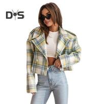 Fall Winter Women Jacket Turn-down Collar Plaid Print Long Sleeves Loose Cardigan Button Decor English Style Short Type Outerwear Coat M geltona