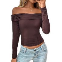Spring and Autumn Long Sleeve Sexy Spicy Girl Top Women's T-shirts S tamsiai ruda spalva