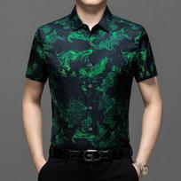 Men's Summer Hong Kong Style Loose Collar Top Men's Short Sleeved Shirt Men's Shirt 2XL žalia
