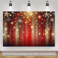 2D Flat Red Gold Streamer & Star Backdrop, Shiny New Year Party Photo Background Cloth 47.2x31.5inch/120*80cm