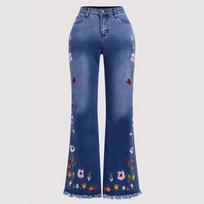 Retro Dark Blue Embroidered Flared Jeans Women Mid-high Waist Extended Floor Pants All Round 2XL mėlyna