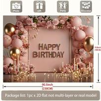 2D Pink Gold Happy Birthday Photography Backdrop with Roses & Balloons 47.2x31.5inch/120*80cm