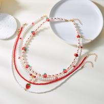 Cute Romantic Strawberry Beaded Necklace for Women Handmade Imitation Pearl Multilayer Stackable Short Choker Neck Chain Jewelry