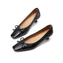 Krazing Pot Sheep Skin Summer Spring Autumn Stiletto Med Heels Butterfly-knot Women Square Toe Shallow Pumps 35 juoda