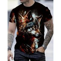 Men's Wolf and Cosmos Print T-Shirt Regular Crew Neck Casual Short Sleeve Top Fashion Street Party Clothing S