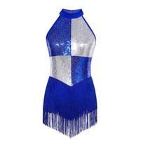 Womens Latin Jazz Samba Dance Performance Costume Sleeveless Backless Color Block Shiny Sequins Tassels Leotard S karališkos mėlynos spalvos