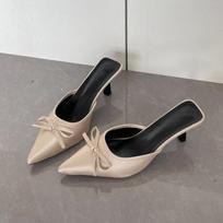 Designer Spring Summer High Heel Women Slippers Fashion Cover Toe Slip On Slide Ladies Elegant Butterfly-knot Dress Sandalias 35 smėlis