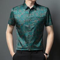 Men's Summer Hong Kong Style Loose Collar Top Men's Short Sleeved Shirt Men's Shirt 2XL žalia