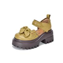 Johnature Retro Round Toe Thick Soled High-heeled Sandals Genuine Leather Versatile Women's Platform Shoes 34 chaki