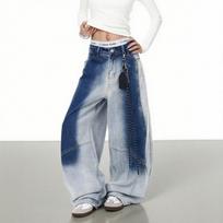 Large Size American Retro Gradient Washed Machete Jeans Women's Street Loose Wide-leg Pants 2XL mėlyna