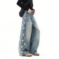 American Fashion Brand Five-star Printed Machete Jeans Women's Trend Oversize Loose Wide-leg Denim Pants S mėlyna