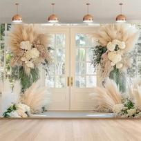 2D Elegant Pampas Grass Wedding Backdrop, White Door & Floral Background Cloth for Ceremony 47.2x31.5inch/120*80cm