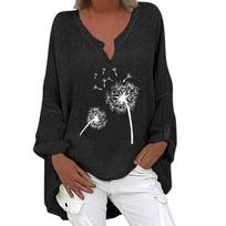 European American Autumn Winter Dandelion V-neck Cotton Linen Long Sleeve Women's Shirt M juoda