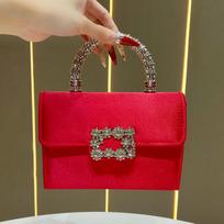 Elegant Rhinestone Women's Crossbody Bag - High-End Silk Luxury Handbag for Evening Parties raudona