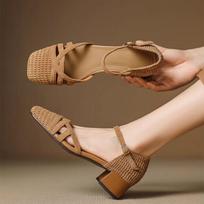 Retro Weave High Heel Sandals Women 2025 Summer Square Toe Ankle Strap Beach Shoes Roman Closed Toe Square Heels Casual Shoes 35 ruda
