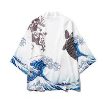 Men and Women's Japanese Kimono Wave Carp 3D Print Pattern Coat Green Traditional Haori Cardigan Japan Black Beach Clothing XL balta
