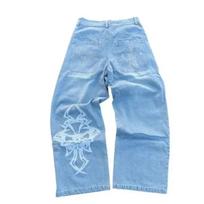 RogueWave Streetwear Džinsai Y2K Retro Hip Hop Siuvinėti Platūs Džinsai Retro Juodi Kelnės Vyrams Moterims Nauji Aukštu Juosmeniu Plačių Kojų Kelnės S mėlyna