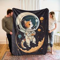 1pc Space Cat Astronaut Print Flannel Blanket - Soft Breathable Polyester, All-Season Cozy Gift for Family & Friends, Machi 75cmx90cm