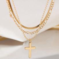 Vintage European Layered Cross Choker, Mixed Link Bead Chain Necklace, Stackable Edgy Statement Jewelry auksinė