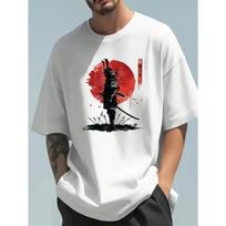 Men's summer fashion casual loose Japanese samurai pattern printed round neck short sleeved T-shirt top S juoda