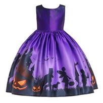 Children's Halloween Witch Costume: Pumpkin Ghost Print Dress 130cm