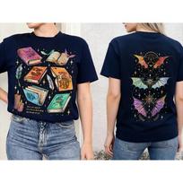Fantasy Book Stack Front Back Print Graphic TShirt Women Cotton ACOTAR Fourth Wing Book Lover Fantasy Reader Daily Outfit S